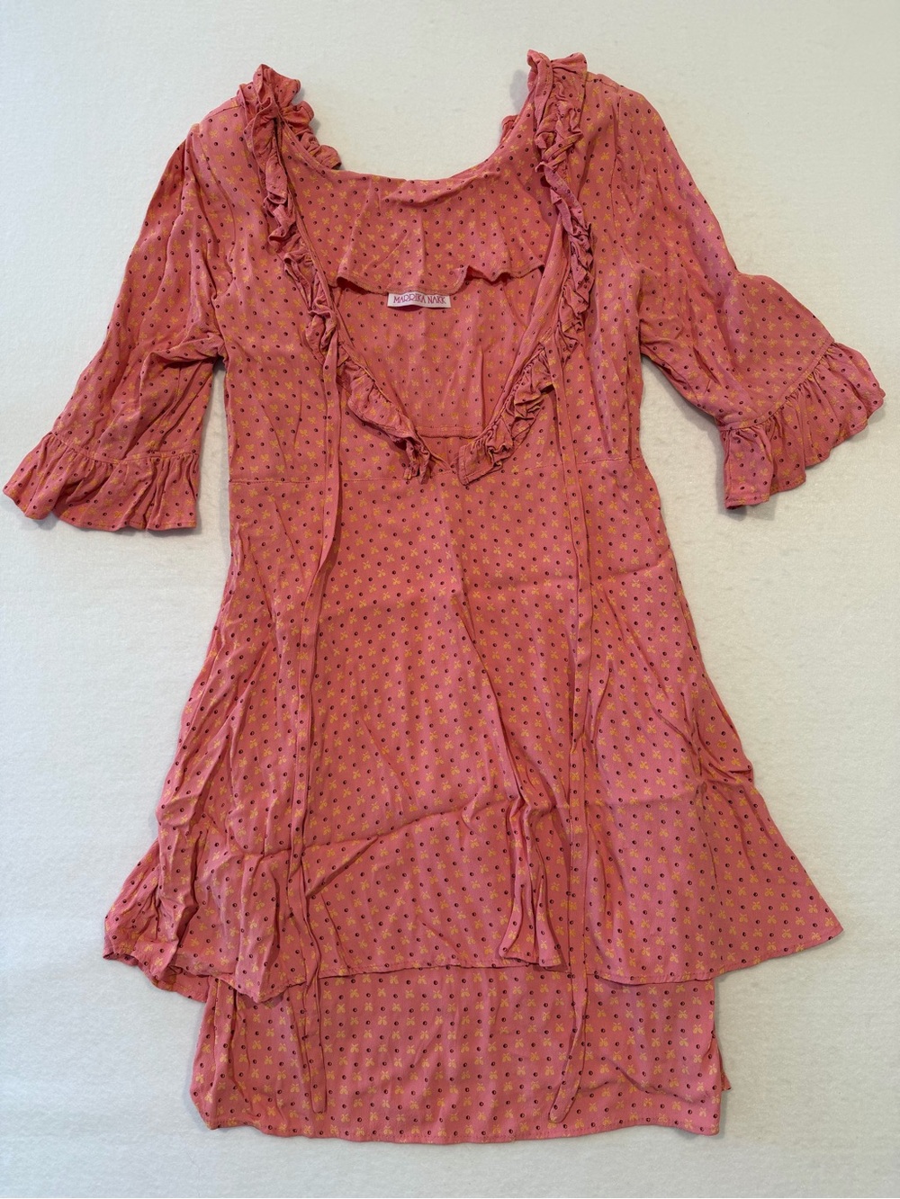 Marika Nakk Women’s Pink/Yellow Floral Square Neck Ruffle Mini Dress One Size